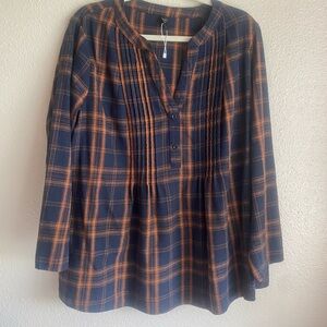 Navy and Orange Plaid Long Sleeve Blouse